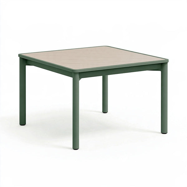 Tavolo da giardino 90 x 90 cm in metallo verde con piano effetto legno quadrato moderno