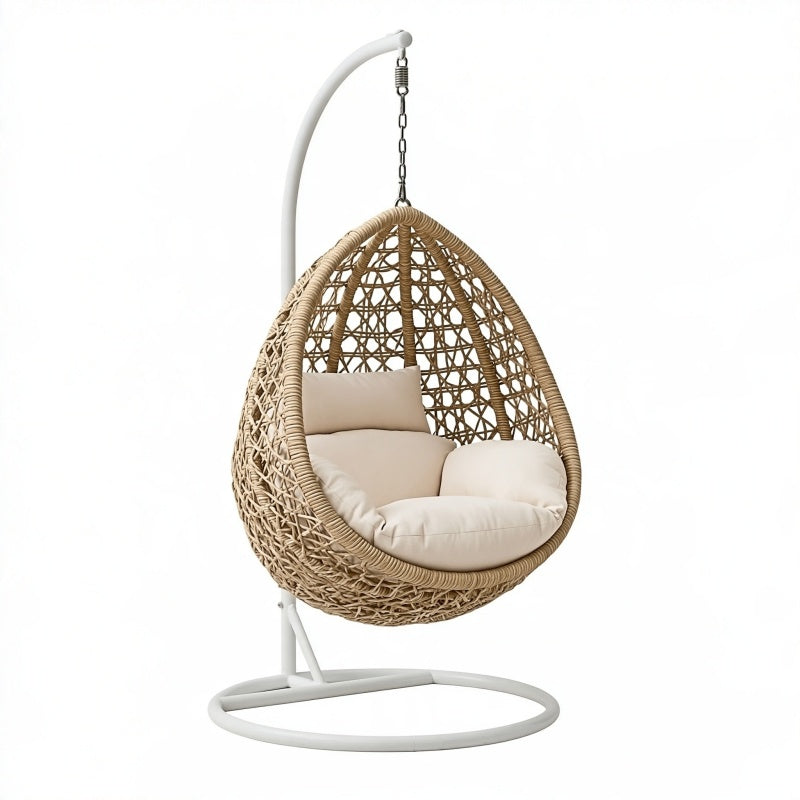 Poltrona sospesa 105 x 105 x 195 cm in fibra intrecciata beige con supporto in metallo bianco