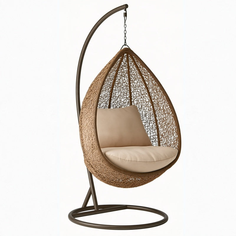 Poltrona sospesa da giardino 105 x 105 x 195 cm in fibra intrecciata marrone con supporto in metallo