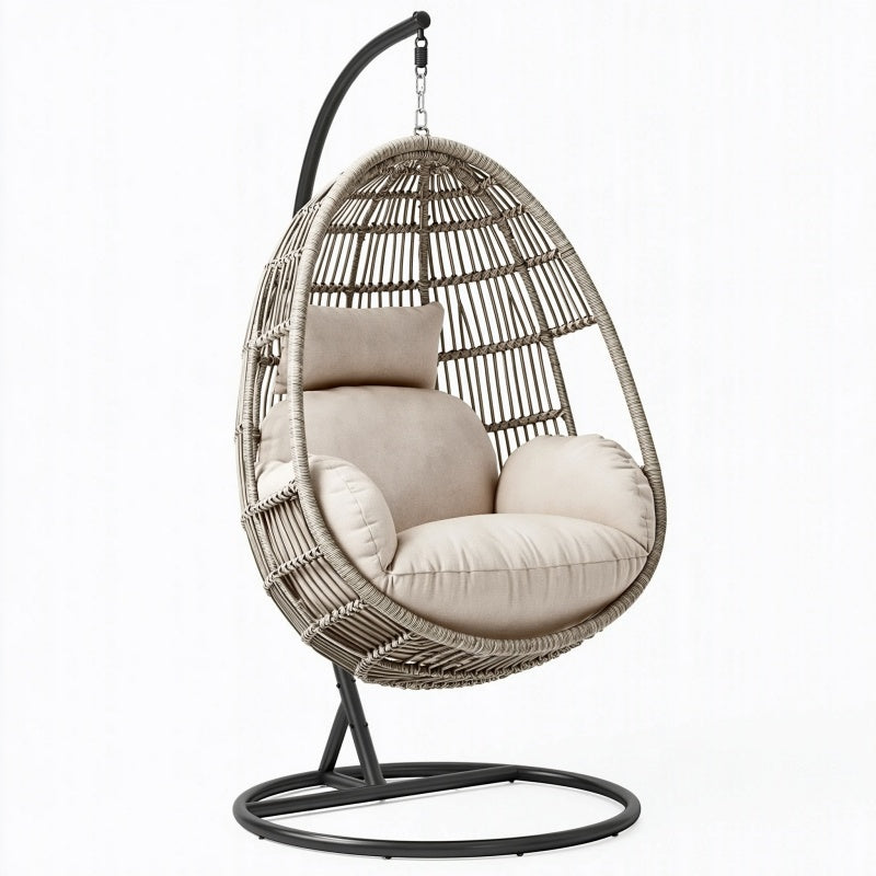 Poltrona sospesa 105 x 105 x 195 cm in fibra intrecciata beige con struttura in acciaio nero stile boho per interni