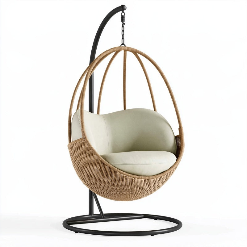 Poltrona sospesa 105 x 105 x 195 cm in fibra intrecciata naturale e metallo nero per relax da interno