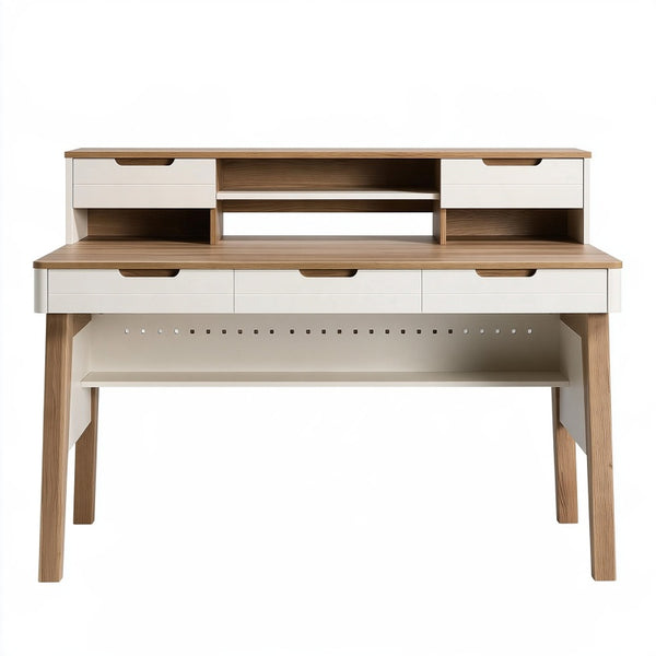 Scrivania 120 x 60 x 110 cm in legno bianco e rovere con cassetti e vano superiore