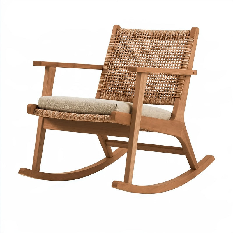 Sedia a dondolo 100 x 70 x 95 cm in legno marrone con intreccio naturale e seduta imbottita