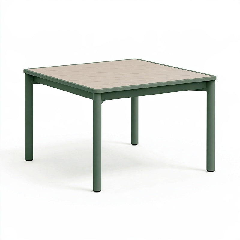 Tavolo da giardino 90 x 90 cm in metallo verde con piano effetto legno quadrato moderno