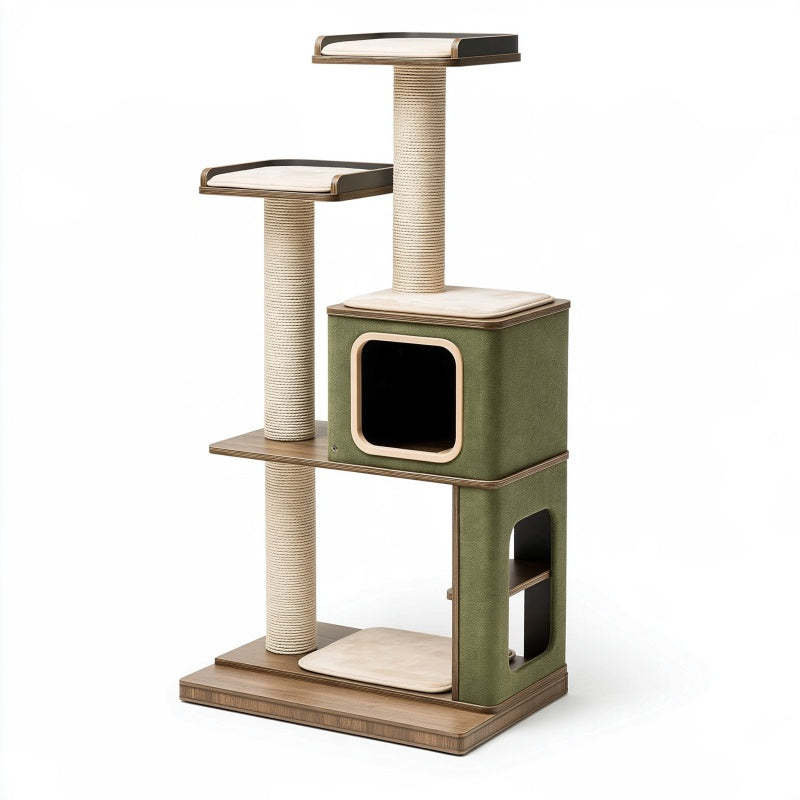 Tiragraffi per gatti 60 x 50 x 150 cm in legno beige e verde con colonne in sisal e cuccia