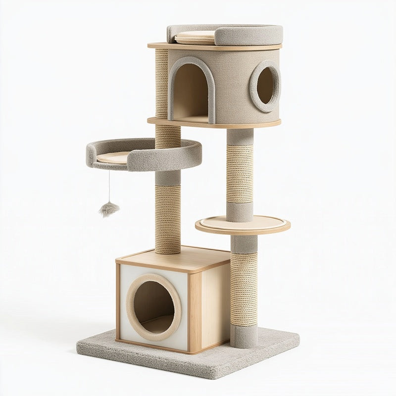 Tiragraffi per gatti 60 x 50 x 150 cm in legno e sisal beige con cucce e piattaforme
