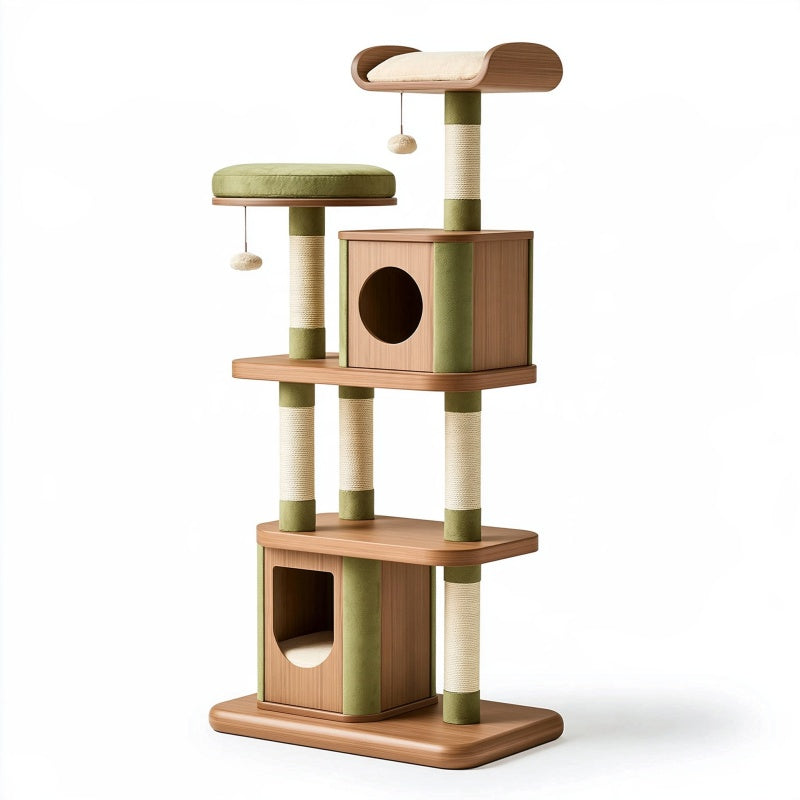 Albero tiragraffi per gatti 60 x 50 x 150 cm in legno marrone e verde con sisal e cuccette multipiano