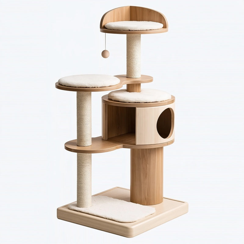 Tiragraffi per gatti 60 x 60 x 145 cm in legno beige con colonne in sisal e cuccia