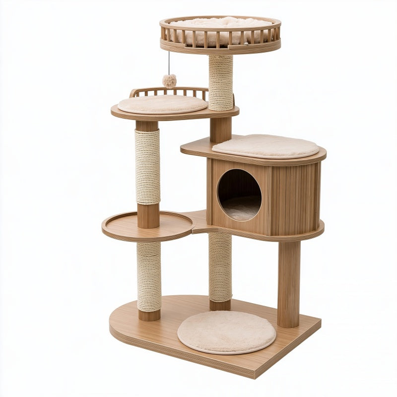 Albero tiragraffi per gatti 60 x 50 x 150 cm in legno beige con sisal e cuccia multilivello