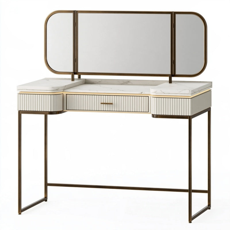 Toeletta da trucco 120 x 50 x 140 cm in legno bianco e metallo bronzo con specchio e 3 cassetti